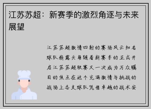 江苏苏超：新赛季的激烈角逐与未来展望