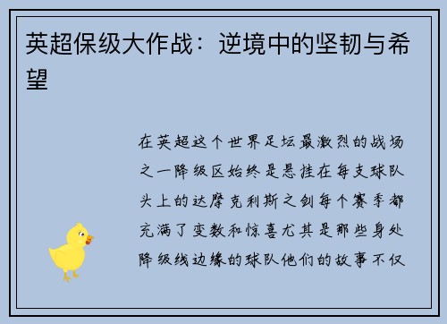 英超保级大作战：逆境中的坚韧与希望