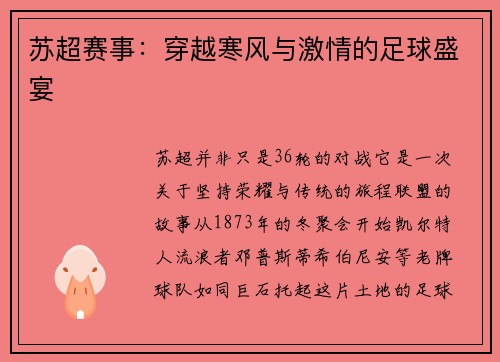 苏超赛事：穿越寒风与激情的足球盛宴